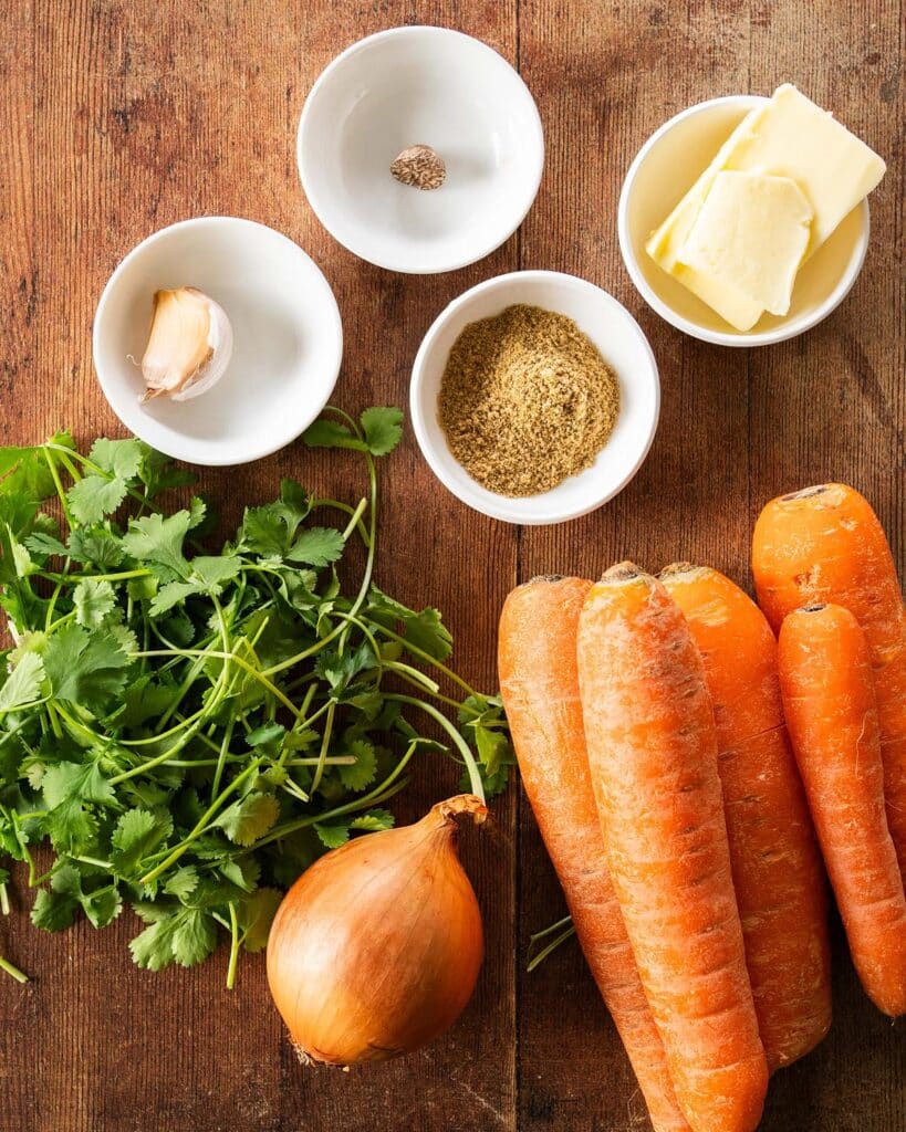 ingredients for a carrot and coriander soup. Image by Jaz Kitchen.