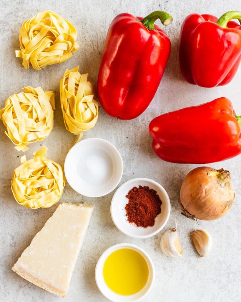 ingredients  for a pasta recipe using red peppers. Image by Jaz Kitchen