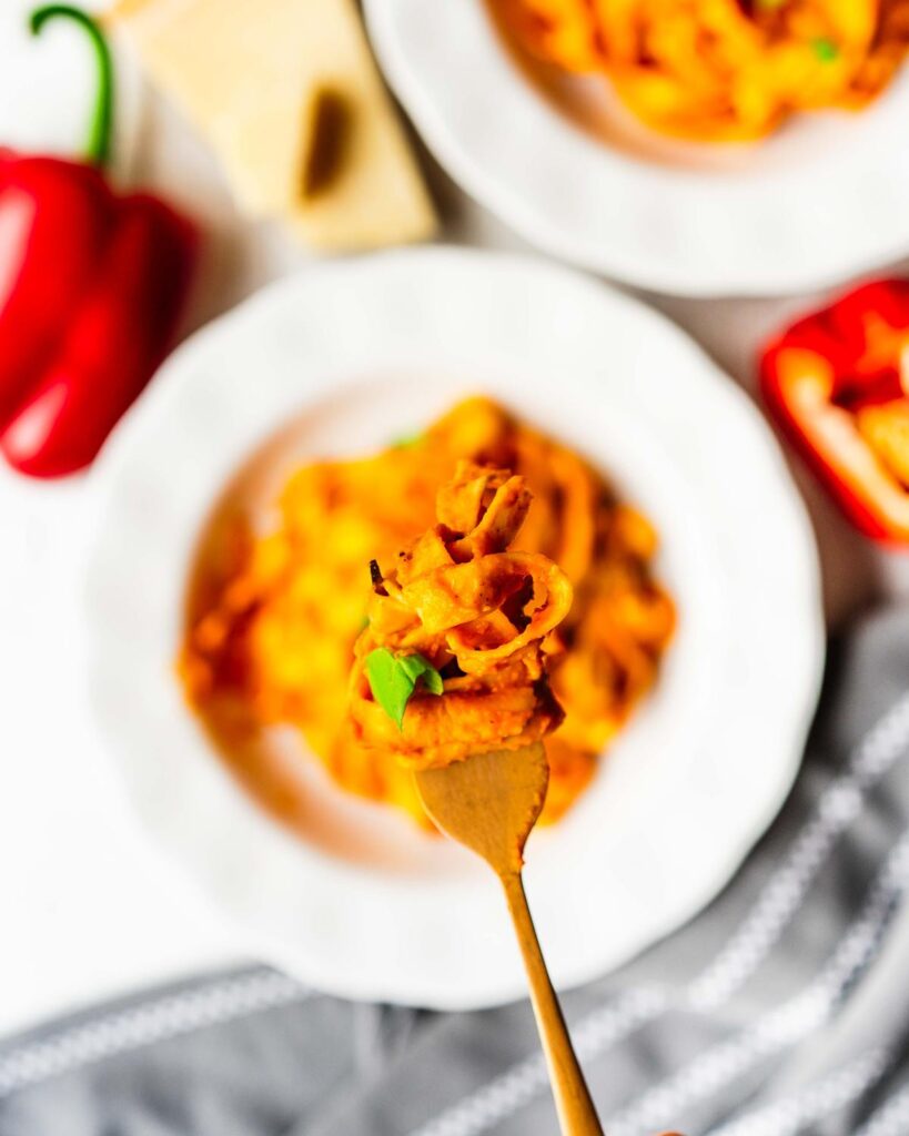 roasted red pepper pasta on a fork. Image by Jaz Kitchen