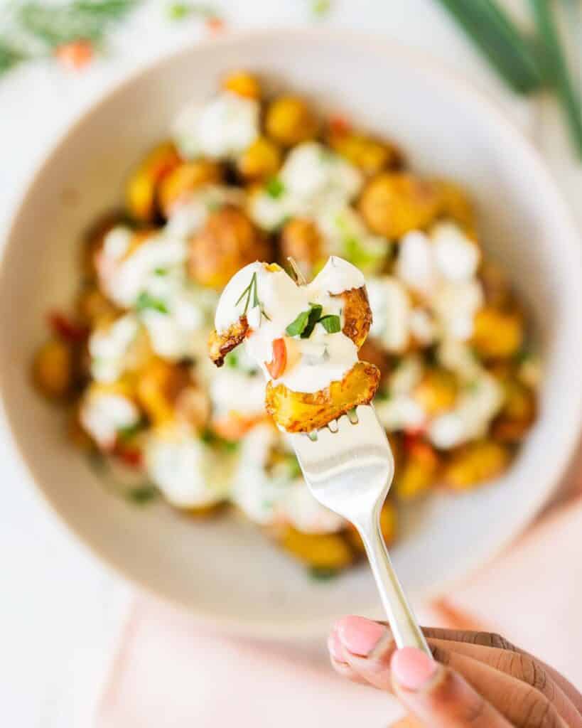 This crispy potato salad has it all: a light crunchy texture, cooling vibrant dressing and it looks so good to boot! Always a popular dish at any dinner table! Recipe by jaz kitchen