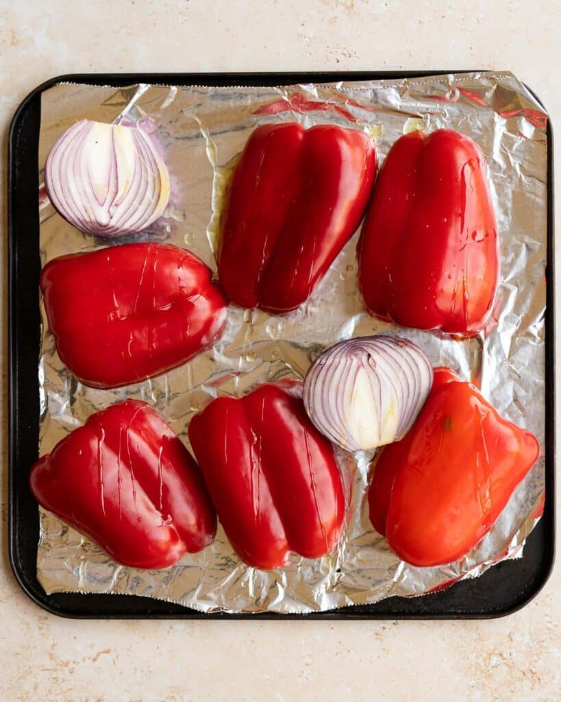 red pepper and red onions halved and deseeded. Image by Jaz Kitchen