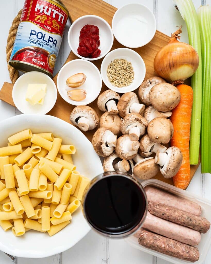 ingredients for sausage and mushroom ragu. Image by Jaz Kitchen