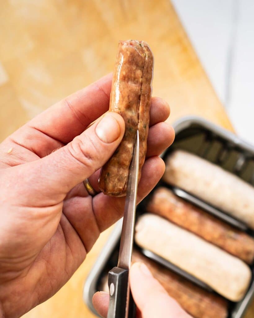 slice the sausage and remove the skin.  Image by Jaz Kitchen