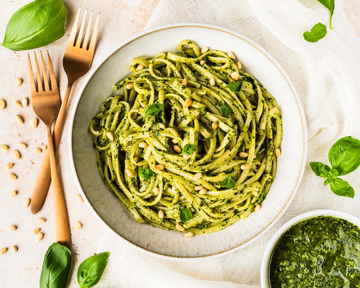 Linguine al Pesto with added pine nuts. Image by Jaz Kitchen