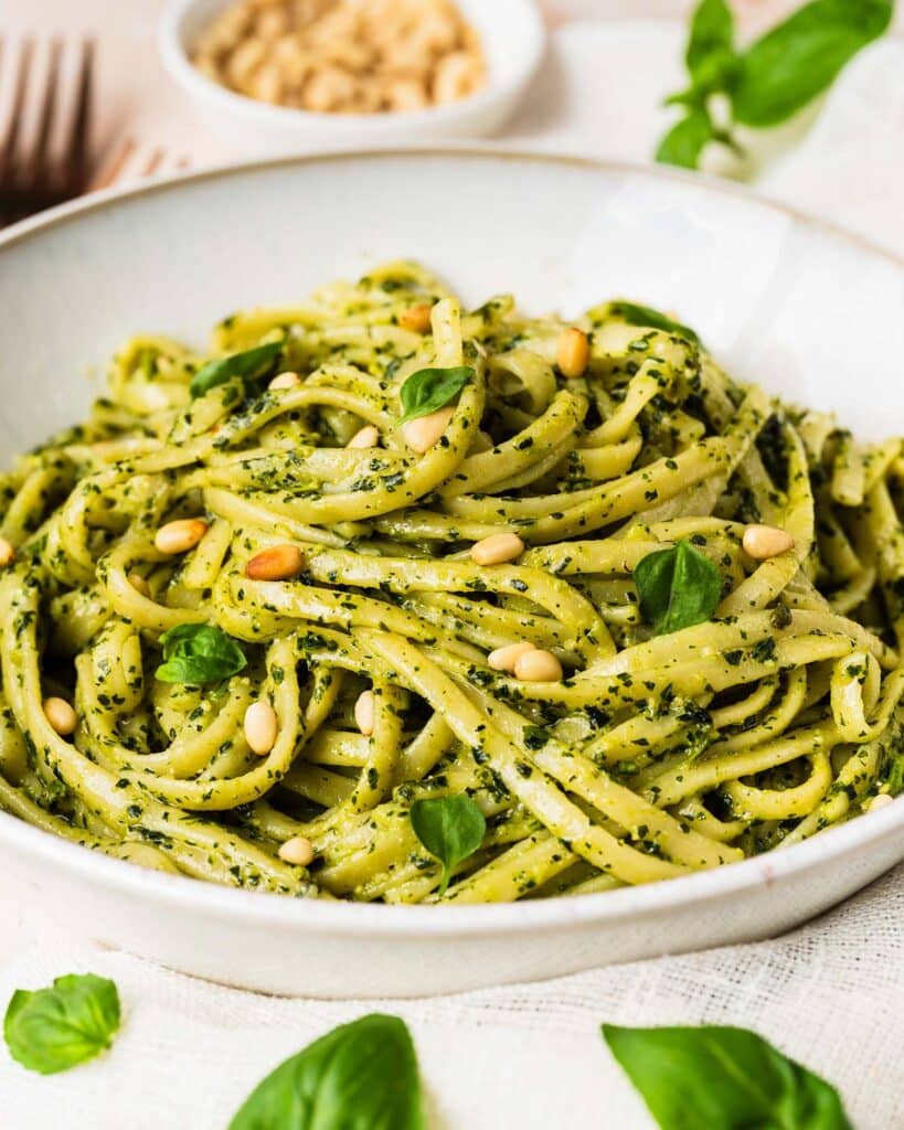 Linguine al Pesto with added pine nuts. Image by Jaz Kitchen