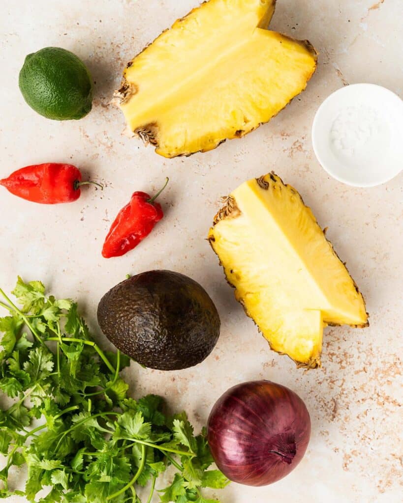 Ingredients needed for pineapple habanero salsa.
